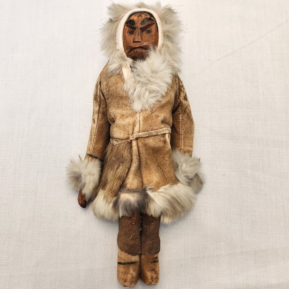 Vintage Inuit Native American Doll Carved Wood Face Leather Fur Hide Parka Art